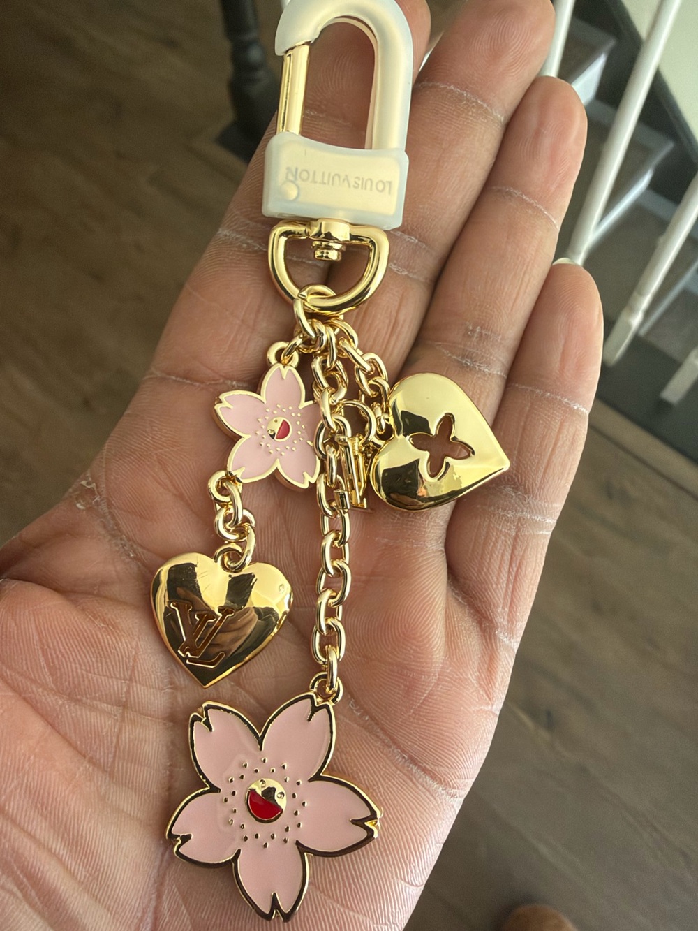 Monogram Pink Enamel & Gold Flower Heart Key Charm